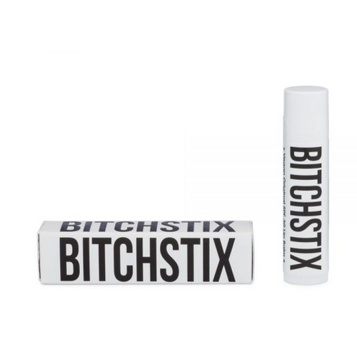 BITCHSTIX Black Cherry SPF Chapsticklip balm packaging on a white background
