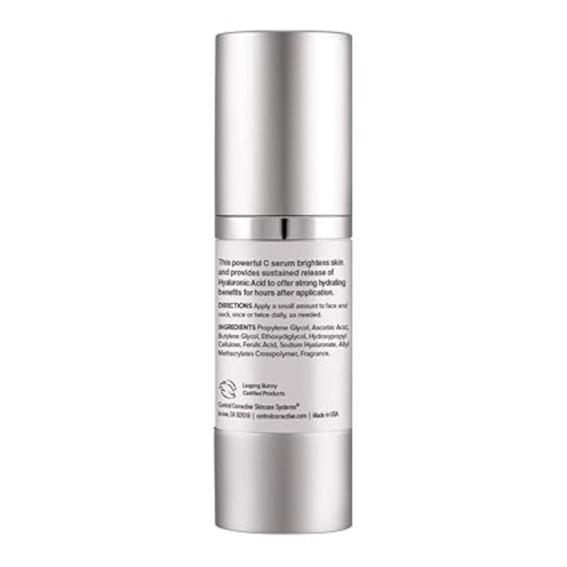 Silver skincare serum bottle with text on a white background