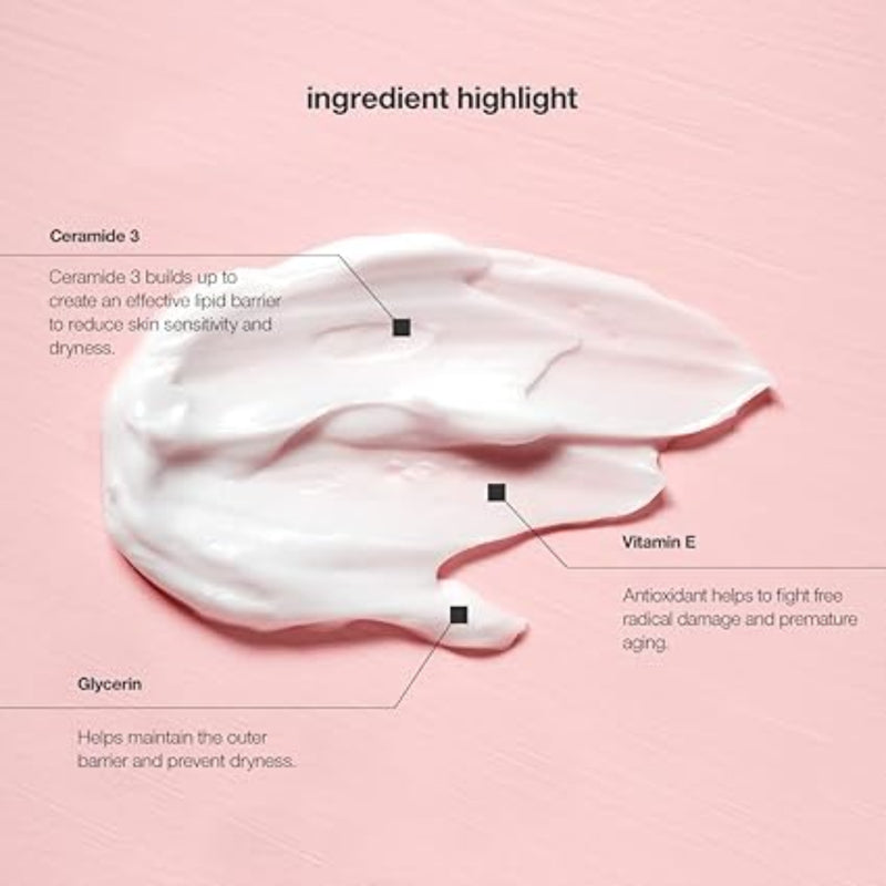 Control Corrective Ceramide Daily Cream labeled ingredients on a pink background