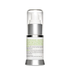 Skincare bottle with silver cap and clear label on a white background