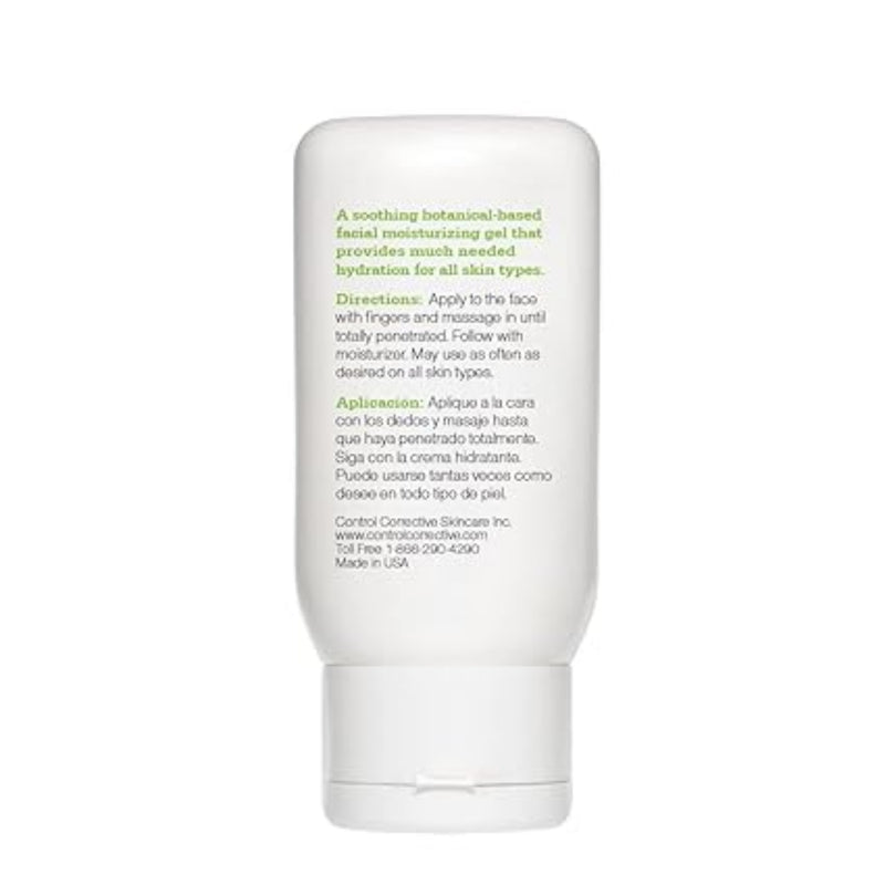 White skincare product bottle with text on a white background