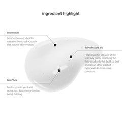 Control Corrective Salicylic Wash Ingredient highlight diagram with chamomile, salicylic acid, and aloe vera on a white background.
