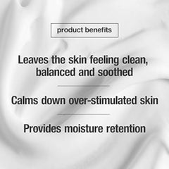 Control Corrective Sensitive Skin Cleansing Milk Product benefits text on a white background with soft fabric texture