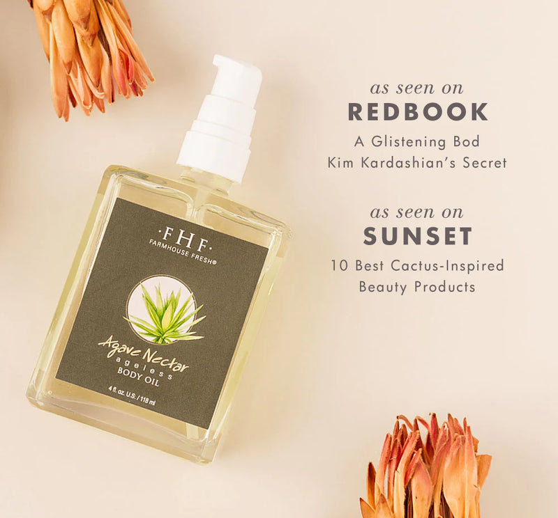 F.H.F. Agave Nectar body oil bottle with aloe vera illustration on a beige background
