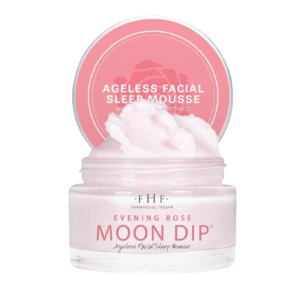 Jar of 'Moon Dip' facial sleep mousse with pink lid on a white background