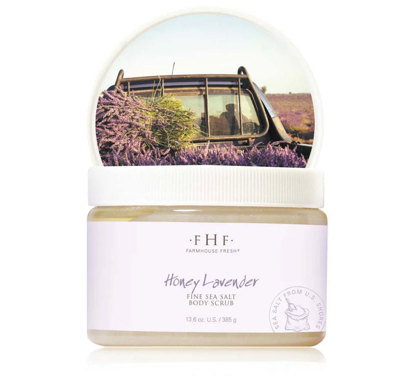 Farmhouse Fresh Honey Lavender body scrub with a scenic lavender field on the lid.