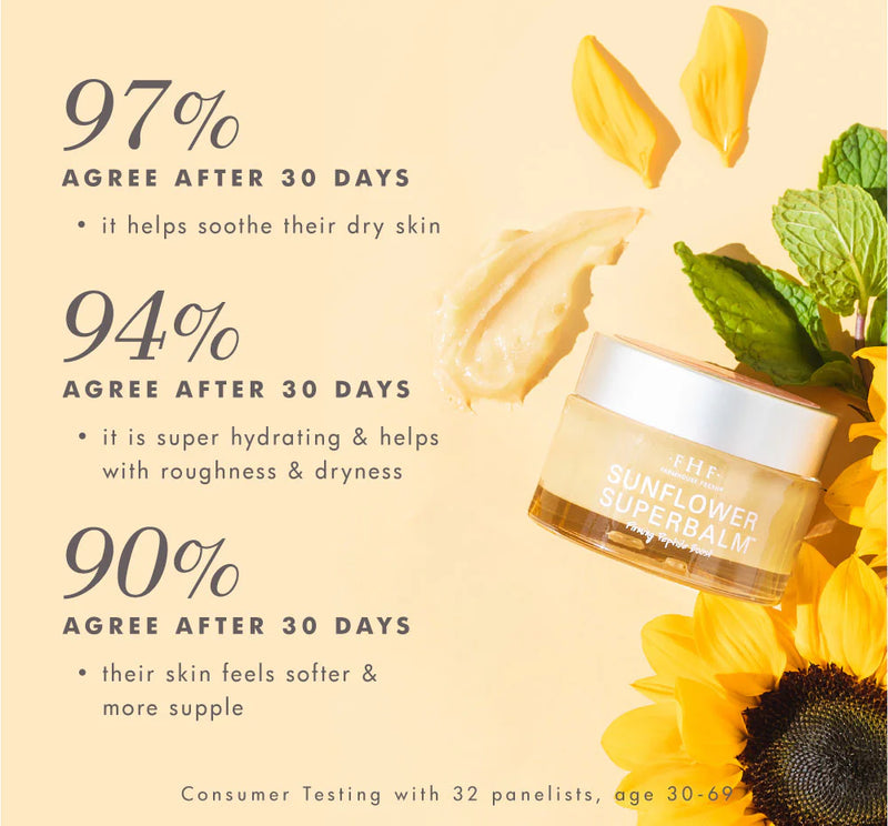 Sunflower superbalm with sunflower and mint leaves on a beige background, featuring customer feedback.
