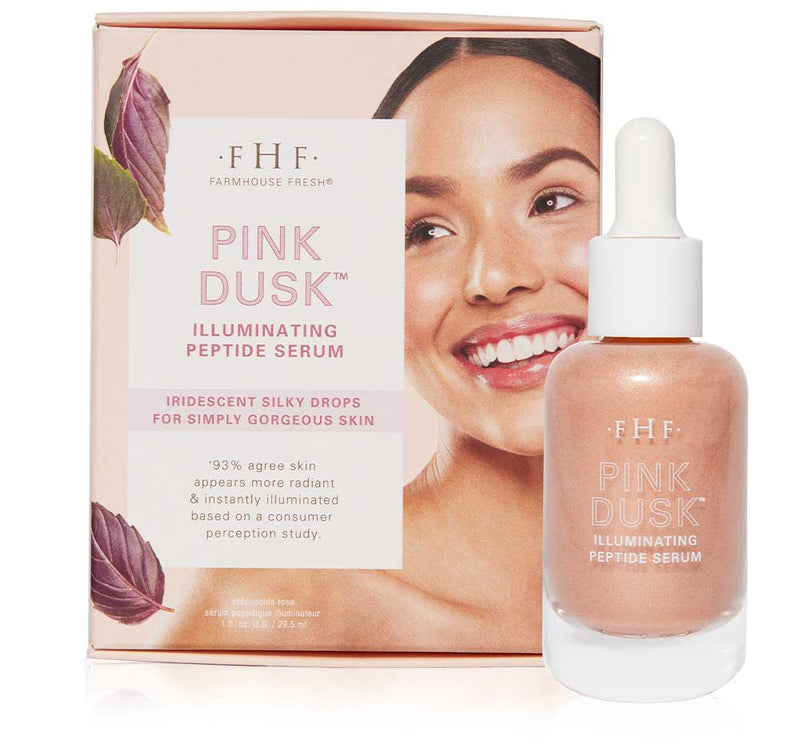 Farmhouse Fresh Pink Dusk Illuminating Peptide Serum with packaging featuring a smiling woman's face.