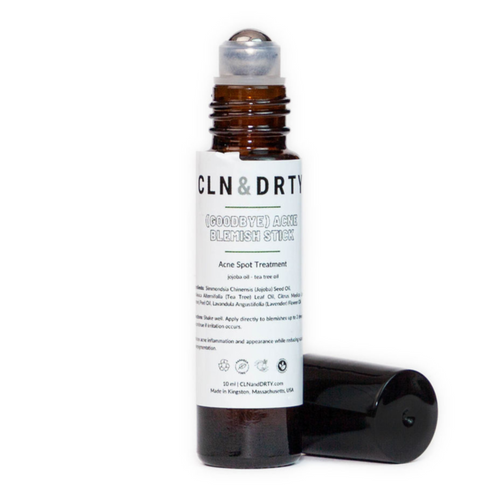 CLN & DRTY Goodbye Acne Blemish Stick Roll-on bottle with white label on a white background