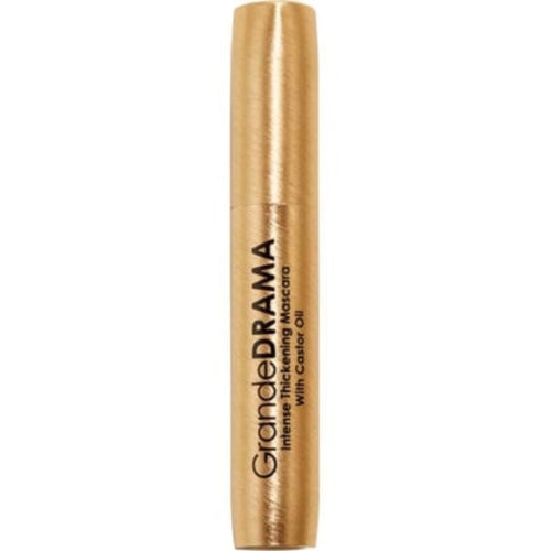 Gold mascara tube with 'Grande Drama' branding on a white background