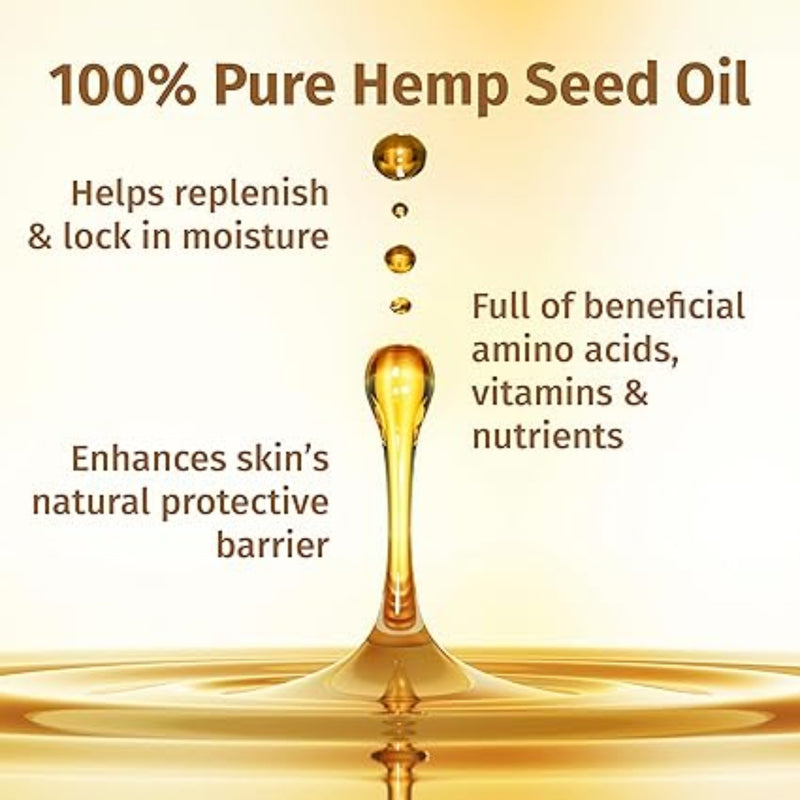 Advertisement for 100% pure hemp seed oil with text about its benefits.