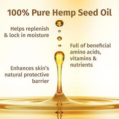 Advertisement for 100% pure hemp seed oil with text about its benefits.
