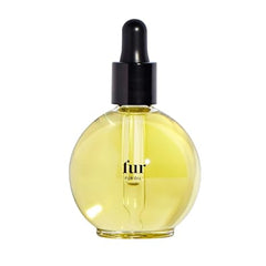 Bottle of fur oil with a black cap on a white background