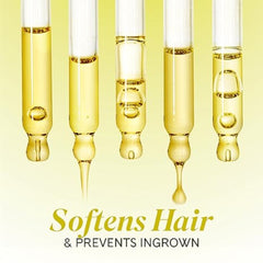 Vials of hair care product with a yellow background and text 'Softens Hair & Prevents Ingrown'.