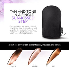 Black tanning mitt with text and self-tanner application examples on a white background