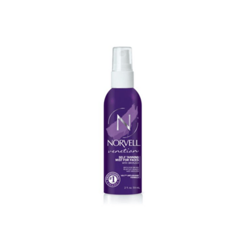 Purple bottle of Norvell sunscreen mist on a white background