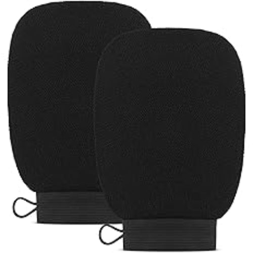 Two black oven mitts on a white background