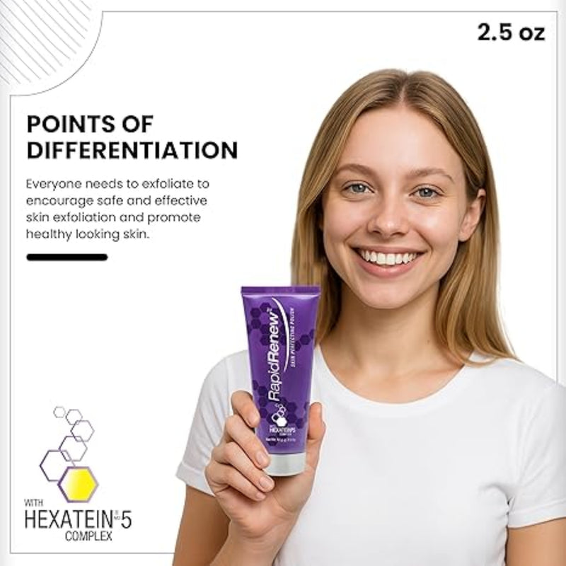 Woman holding a purple tube of skincare product with text about differentiation and Hexatein 5 complex.