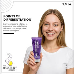Woman holding a purple tube of skincare product with text about differentiation and Hexatein 5 complex.