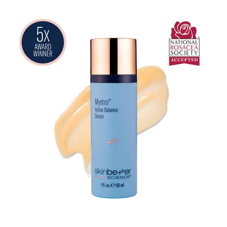 Skincare serum bottle with brand logo and accolades on a white background