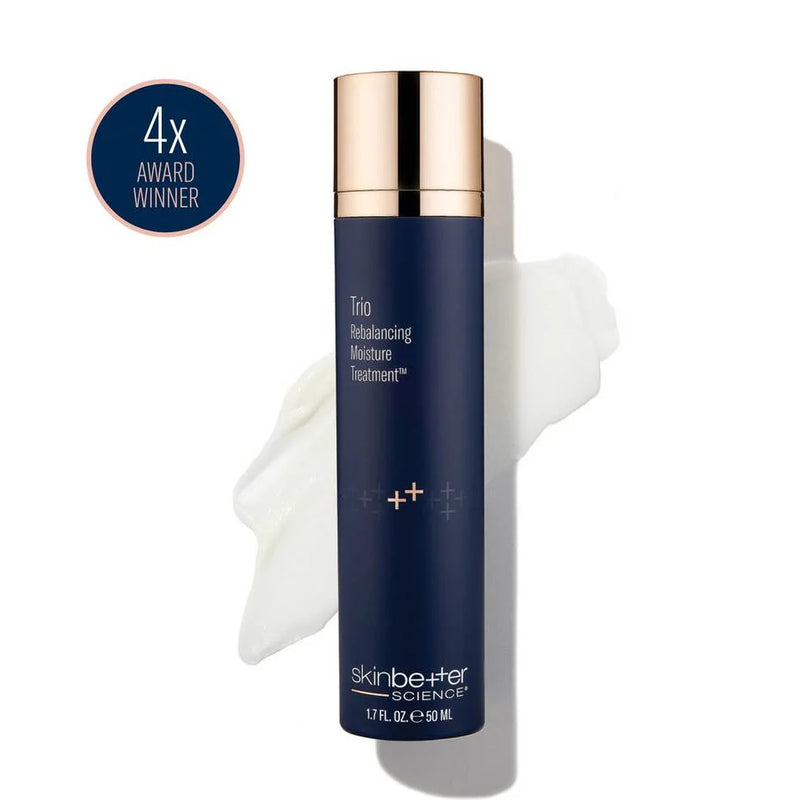 Blue skincare bottle with gold cap on a white background, featuring 'skinbetter science' brand.