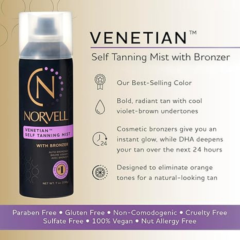 Norvell Venetian Self Tanning Mist with Bronzer bottle on a beige background