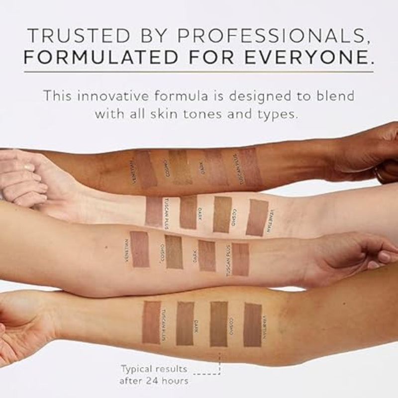 Three arms with swatches of makeup on a white background, promoting a formula trusted by professionals.