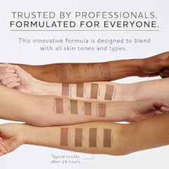 Three arms with swatches of makeup on a white background, promoting a formula trusted by professionals.