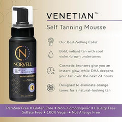 Norvell Venetian Self-Tanning Mousse bottle with product details on a beige background
